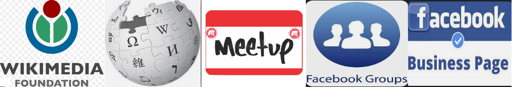 Collage banner of 5 icons for Wiki and MeetUp and Facebook social media logos here